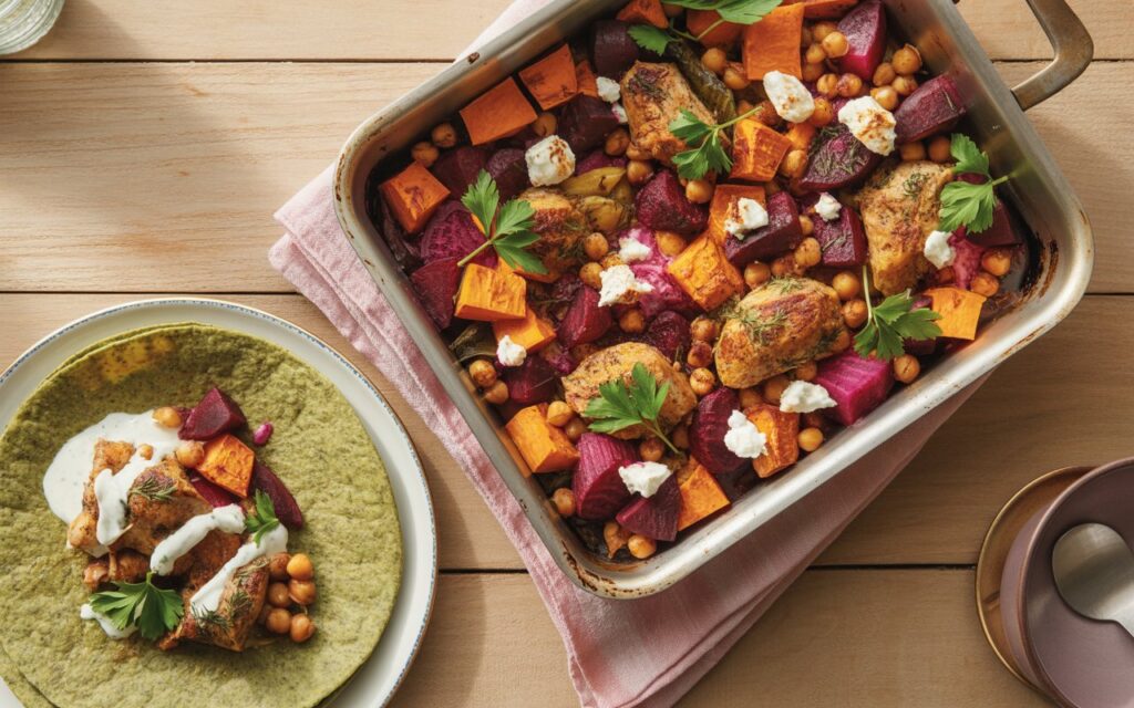 Tepsiben sült zöldségek hússal és quinoa tortillával, gyors vacsora ötletek, egészséges ételek